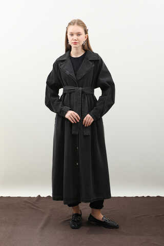 Düğmeli Salaş Denim Trençkot Siyah - 10