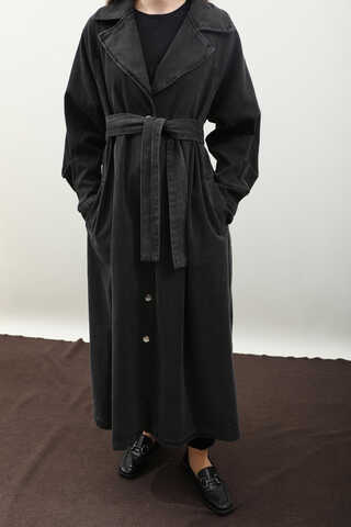 Düğmeli Salaş Denim Trençkot Siyah - 12