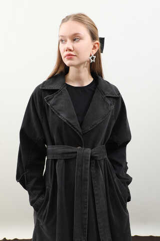 Düğmeli Salaş Denim Trençkot Siyah - 13