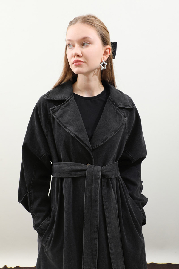 Düğmeli Salaş Denim Trençkot Siyah - 13