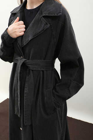 Düğmeli Salaş Denim Trençkot Siyah - 14