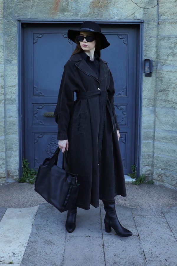 Düğmeli Salaş Denim Trençkot Siyah - 3