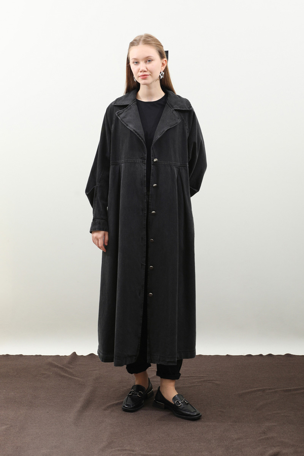 Düğmeli Salaş Denim Trençkot Siyah - 7