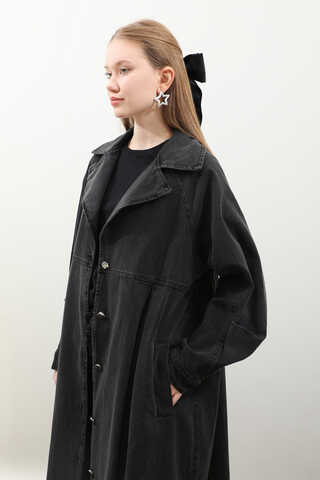 Düğmeli Salaş Denim Trençkot Siyah - 8