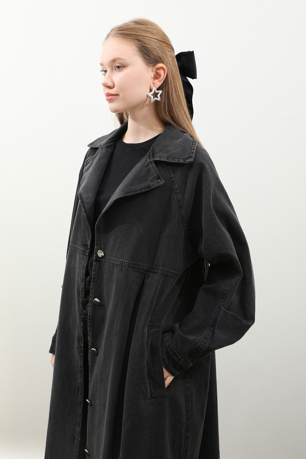 Düğmeli Salaş Denim Trençkot Siyah - 8