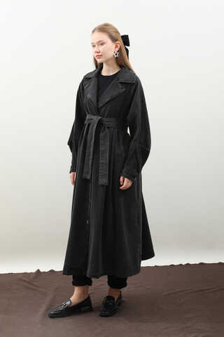 Düğmeli Salaş Denim Trençkot Siyah - 9