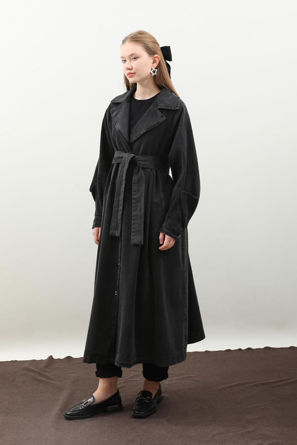 Düğmeli Salaş Denim Trençkot Siyah - 9