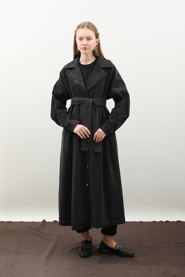 Düğmeli Salaş Denim Trençkot Siyah - 10