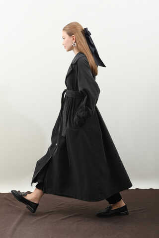 Düğmeli Salaş Denim Trençkot Siyah - 11