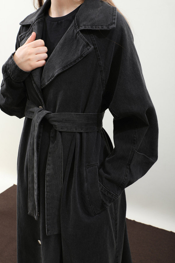 Düğmeli Salaş Denim Trençkot Siyah - 14