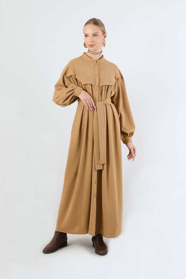 Düğmeli Triko Elbise Camel - 1