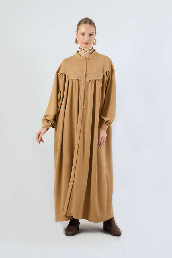 Düğmeli Triko Elbise Camel - 3