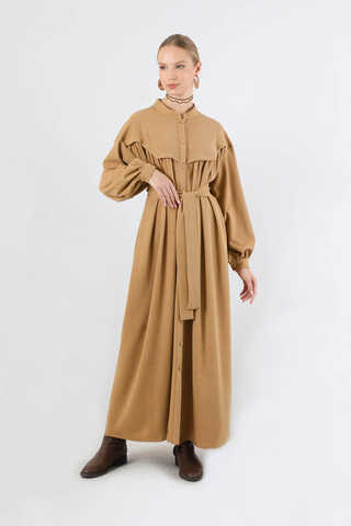 Düğmeli Triko Elbise Camel - 1
