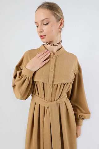 Düğmeli Triko Elbise Camel - 2