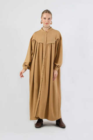 Düğmeli Triko Elbise Camel - 3