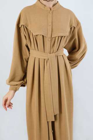 Düğmeli Triko Elbise Camel - 4