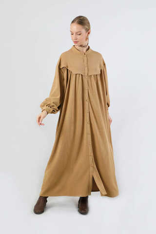 Düğmeli Triko Elbise Camel - 5