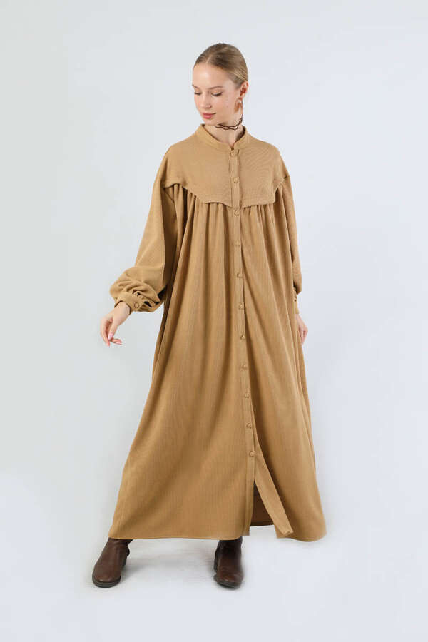 Düğmeli Triko Elbise Camel - 5
