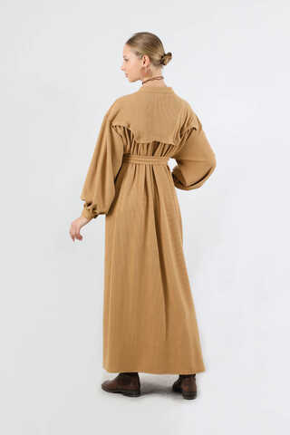 Düğmeli Triko Elbise Camel - 6