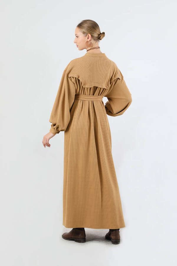 Düğmeli Triko Elbise Camel - 6