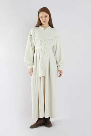 Düğmeli Triko Elbise Ekru - 1