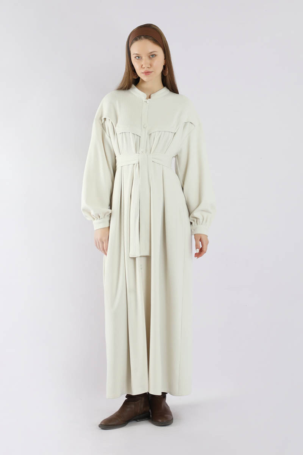 Düğmeli Triko Elbise Ekru - 1