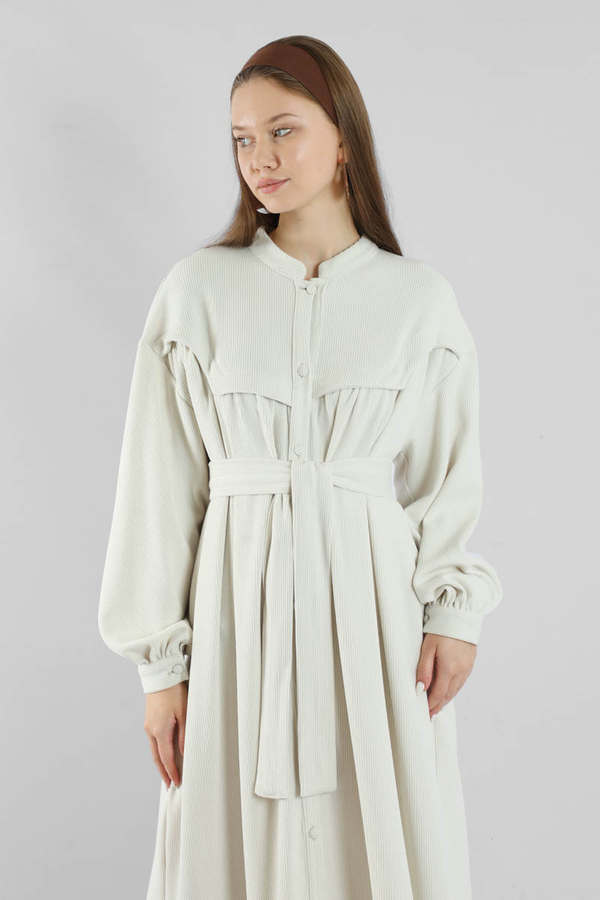 Düğmeli Triko Elbise Ekru - 2