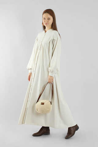 Düğmeli Triko Elbise Ekru - 3