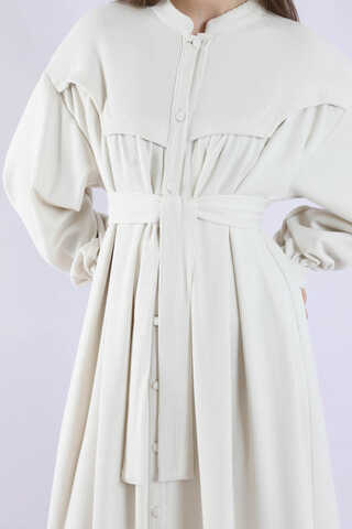 Düğmeli Triko Elbise Ekru - 4