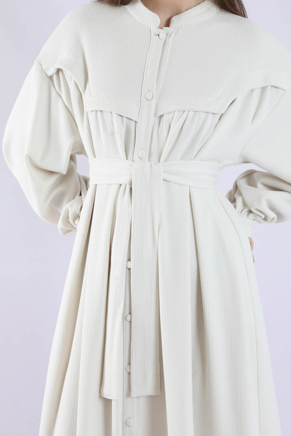 Düğmeli Triko Elbise Ekru - 4