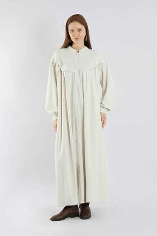 Düğmeli Triko Elbise Ekru - 5