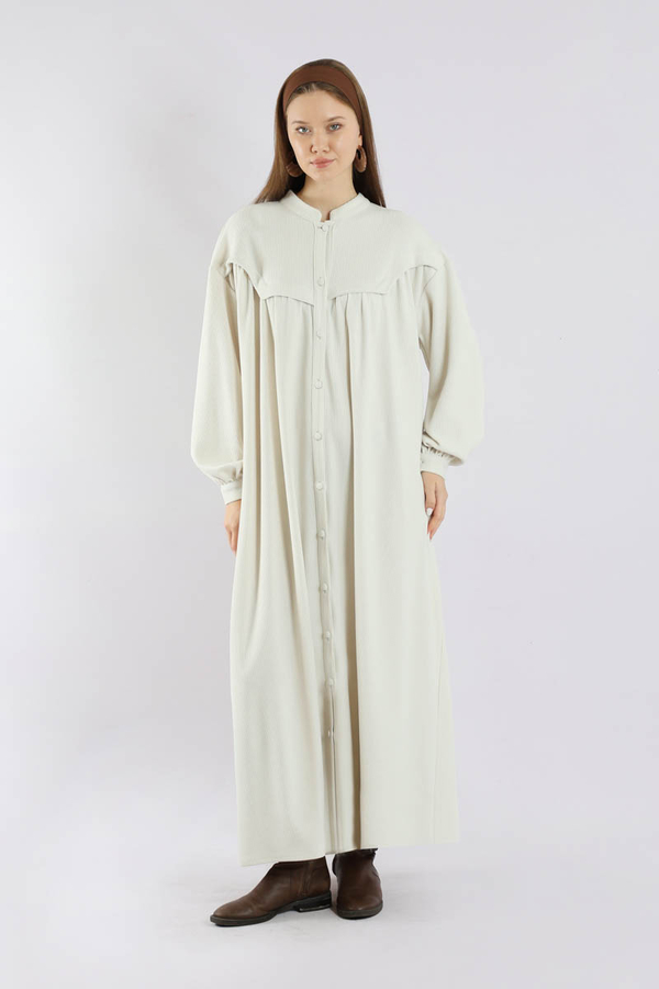 Düğmeli Triko Elbise Ekru - 5