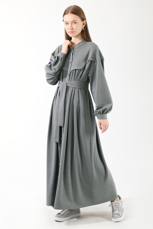 Düğmeli Triko Elbise Gri - 1