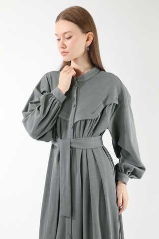 Düğmeli Triko Elbise Gri - 2