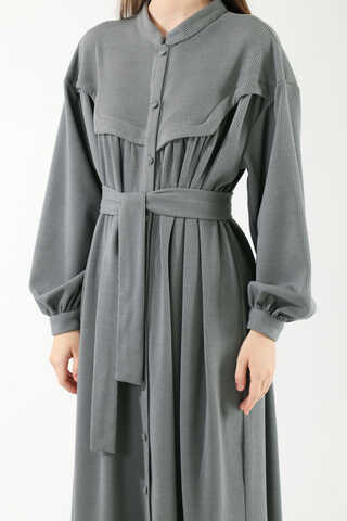 Düğmeli Triko Elbise Gri - 4