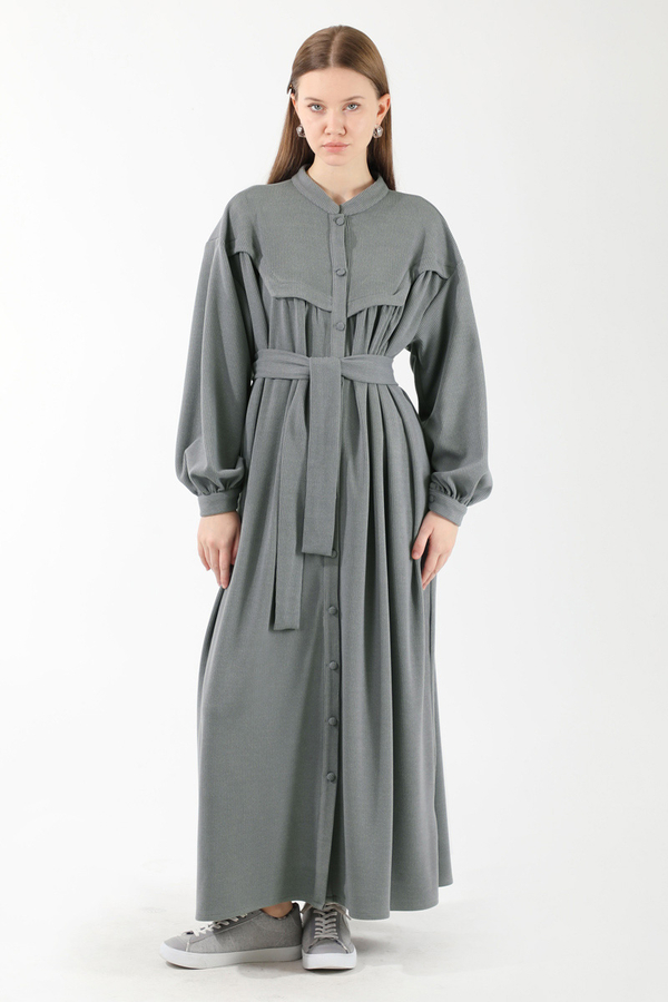 Düğmeli Triko Elbise Gri - 5