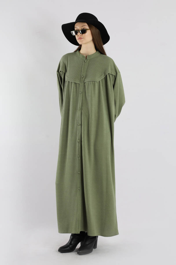 Düğmeli Triko Elbise Haki - 1