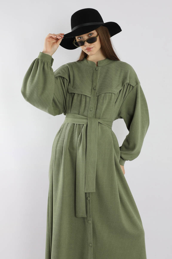 Düğmeli Triko Elbise Haki - 2