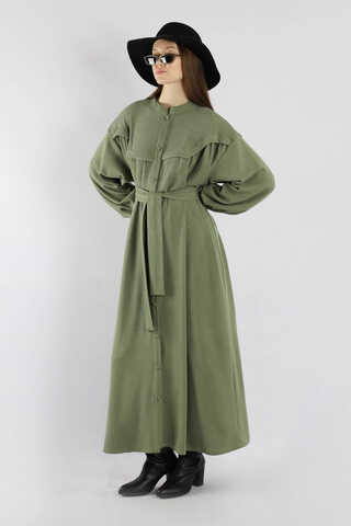 Düğmeli Triko Elbise Haki - 5