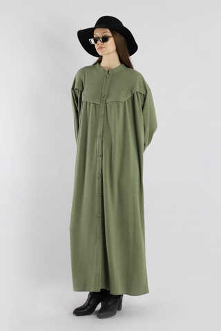 Düğmeli Triko Elbise Haki - 1