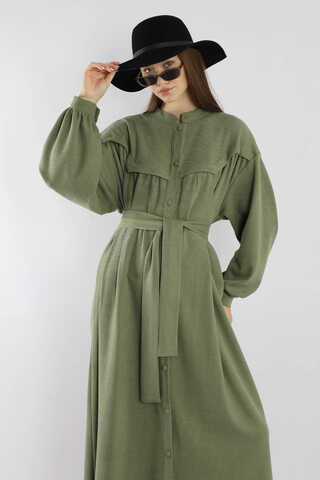 Düğmeli Triko Elbise Haki - 2