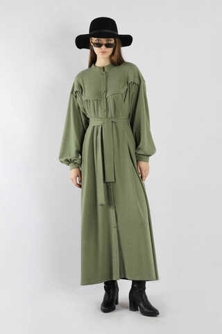 Düğmeli Triko Elbise Haki - 3