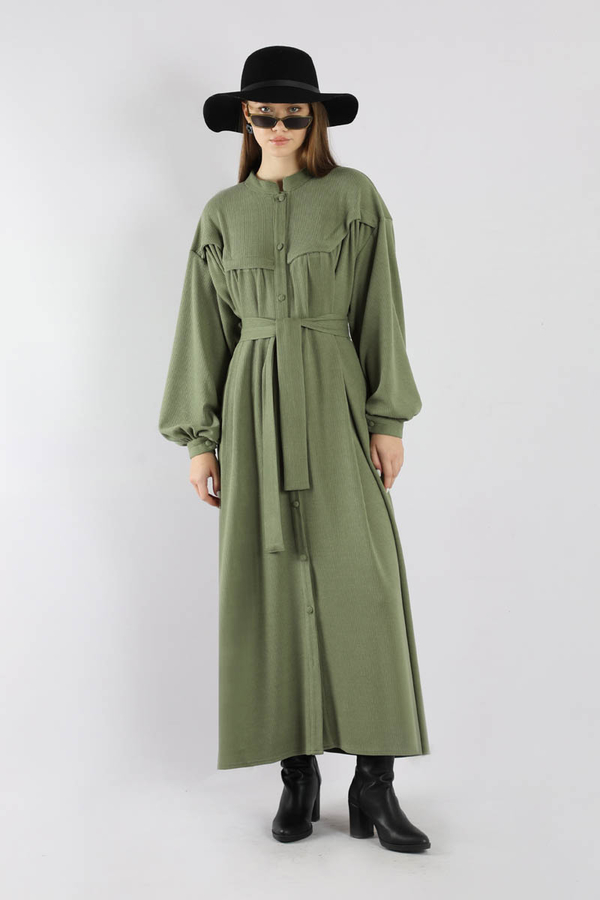 Düğmeli Triko Elbise Haki - 3