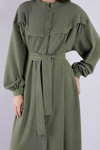 Düğmeli Triko Elbise Haki - 4