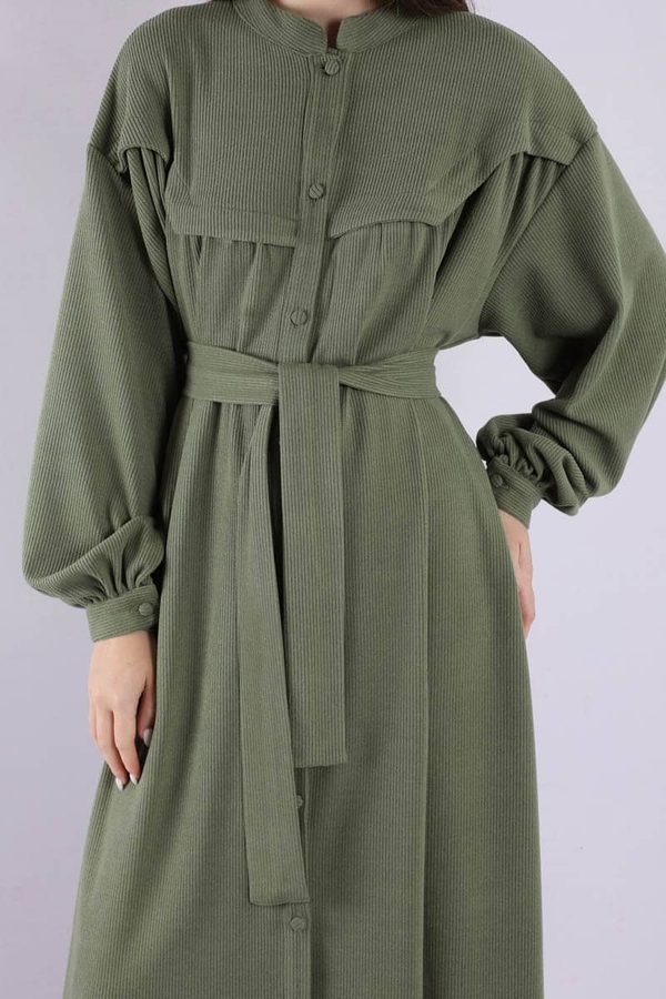 Düğmeli Triko Elbise Haki - 4