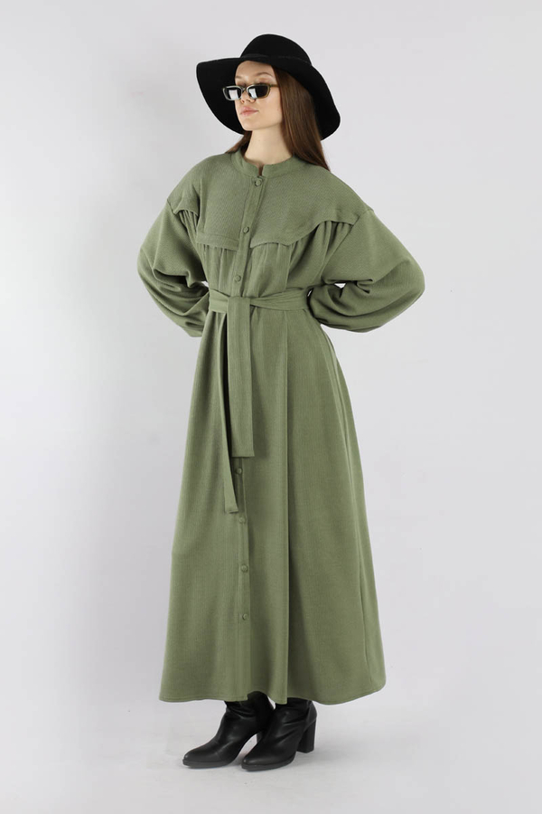 Düğmeli Triko Elbise Haki - 5