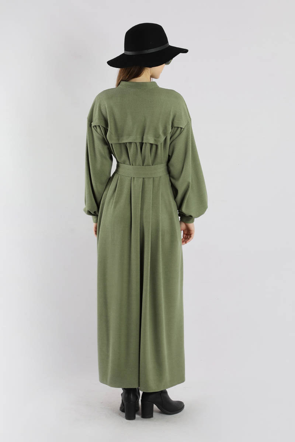 Düğmeli Triko Elbise Haki - 6