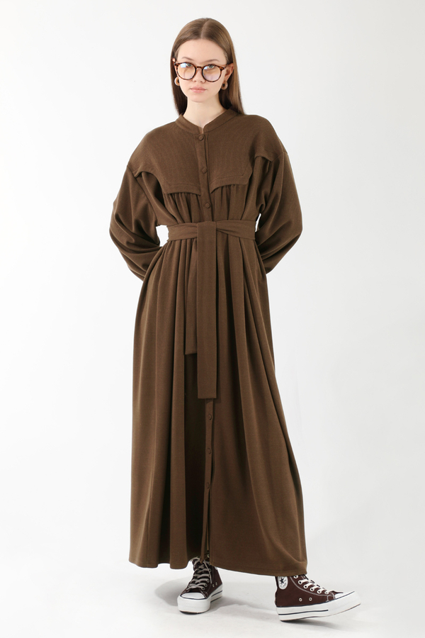 Düğmeli Triko Elbise Kahverengi - 1