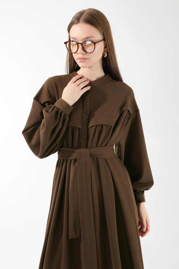 Düğmeli Triko Elbise Kahverengi - 2