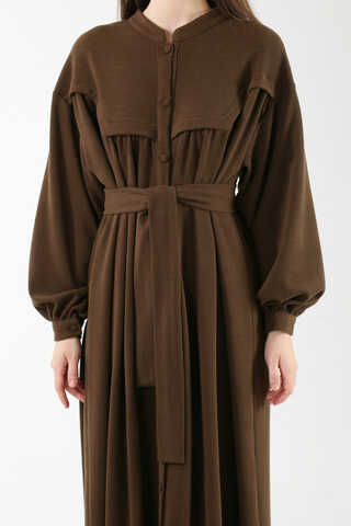 Düğmeli Triko Elbise Kahverengi - 4